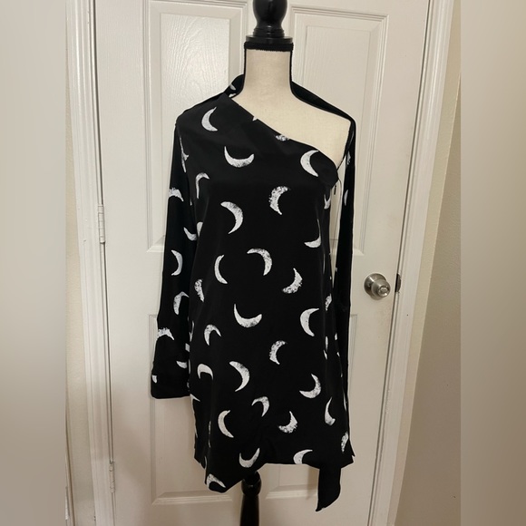 Saint Laurent Tie-Neck One-Sleeve Moon-Print Short Silk Dress - Picture 5 of 15
